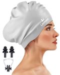 Large Long Hair Swimming Cap with Extra Room for Women Men, Silicone Swimming Hat for Long Thick Hair with Ear Plugs Nose Clip Set, Adult Waterproof Swim Cap Bathing Caps to Keep Hair Dry(Grey)