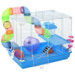 PawHut 18" L Hamster Cage, Small Animal House, 2-Level Rat Gerbil Haven with Tunnel Tube System, Exercise Wheel, Water Bottle, Food Dish, Ramp, Blue