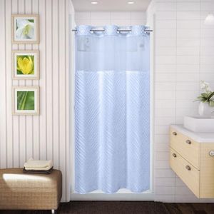 eachope stall no Hook Tufted Shower Curtain with snap in Liner Set, White Waterproof Fabric Inner Liner,Boho Style Shower Curtain with See Through top Window, FrostBlue, 36Wx74H