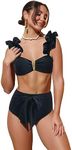 SPORLIKE Women High Waisted Swimsuit Ruffle Adjustable Straps Bikini Tie Back Bathing Suit(Black-2,Large)