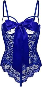 WaKallsmo Women Teddy Lingerie Floral Lace Bodysuit Bow Front One Piece Babydoll Mini Bodysuit S-XXL, Navy Blue, Medium