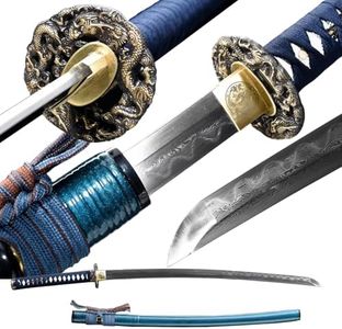 Runoshi Japanese Katana Damascus Steel Sword Clay Tempered Real Katana Sword Handmade Samurai Sword Full Tang (Blue)