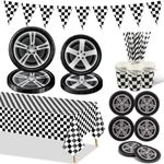 Racing Car Birthday Party Decorations, Car Wheel Party Supplies, Paper Plates, Tire Napkins, Black Checkered Tablecloth, Paper Cups, for Kids' Racing Sports Themed Birthday Party, Serves 20