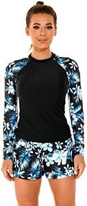 Women Two Piece Rash Guard Long Sleeve Swimsuits Sets UV UPF 50+ Cropped Swim Shirt with Boyshort Bottom Bathing Suits, #3 Black + Blue, Small