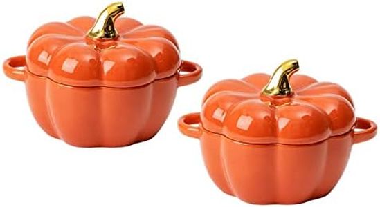 FYUEROPA Pumpkin Bowl Set with Lid and Handle, Set of 2 Ceramic Ramekins for Baking, Casserole Dish Individual Severing Pot, Stoneware, Oven Safe, 14 Oz (Orange)