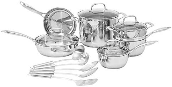 Amazon Basics Batterie de cuisine 15 pièces en acier inoxydable – Casseroles, poêles et ustensiles, Argenté