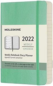 Moleskine 12 Monate Wochen Notizkalender 2022 Pocket/A6, Eisgrün: 1 Wo = 1 Seite, rechts linierte Seite