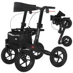 MobiQuip All Terrain 4 Wheel Rollator Walker with Seat, Black Coloured Frame - Lightweight, Folding Mobility Aids with Large 12" Pneumatic Tyres - Adjustable Handles, Easy-Grip Brakes & Storage