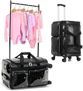Fanwoli 23" Rolling Dance Duffel Bag with Garment Rack | Detachable 4-Spinner Wheels | Waterproof Glitter Fabric | Competition Travel Luggage for Cheerleader, Skating, Gymnast & Sleepover | Black