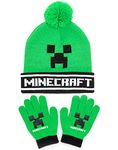 Minecraft Kids Bobble Hat and Gloves Set | Boys Girls Creeper Green Knitted Beanie Hand Warmer One Size | Game Gift Merchandise