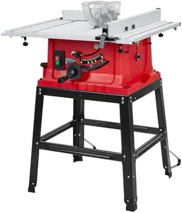 Table Saw, Garvee 10 Inch 15A Multifunctional Saw with Stand & Push Stick, 90° Cross Cut & 0-45° Bevel Cut, 5000RPM, Adjustable Blade Height, Ideal for Woodworking