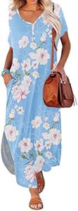 GRECERELLE Women Casual Loose Sexy Deep V Maxi Dress Short Sleeve Button Down Summer Split Beach Long Dress with Pockets, 12 Fp Kapok Light Blue, X-Large