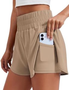 PINSPARK Woman's 2 in 1 Running Shorts 3.5" Athletic Training Shorts High-Waist Workout Gym Tennis Short Exercise Fitness Shorts with Liner Pocket, Dune Medium