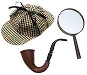 Victorian Detective Detective Costume Kit - Deerstalker Hat, Brown Victorian Style Pipe and Magnifying Glass - 3 Piece Accessory Set