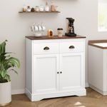 GarveeHome Farmhouse White Buffet Cabinet with Storage, Kitchen Sideboard with 2 Doors and 2 Drawers, Wooden Coffee Bar Cabinet with Shelves for Dining Room, Living Room