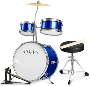 MOSEN Drum Set 3-Piece Beginner Drum Set Junior Drum Kit with Adjustable Throne, Cymbal, Pedal & Drumsticks Drums with Bass Tom Snare Drum - Blue