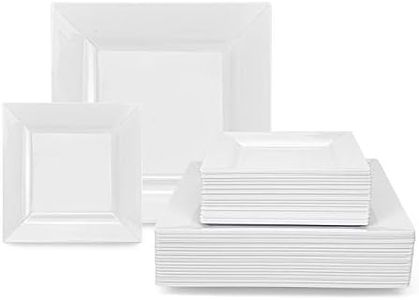 Suwimut 70 Pack White Square Plastic Plates, Heavy Duty 35 Pieces 9.5 Inch Dinner Plates and 35 Pieces 6.5 Inch Dessert/Salad Plates, Fancy White Disposable Plates for Wedding Birthday Party Christmas