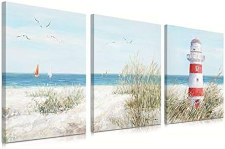 Coastal Beach Bathroom Lighthouse Decor Seagull Wall Art Ocean Teal Seascape Sailing Boats Nautical Theme Sea Birds Haven Canvas Posters Grass Pictures for Living Room Decorations Ready to Hang 12 x16 Inchx3Panels