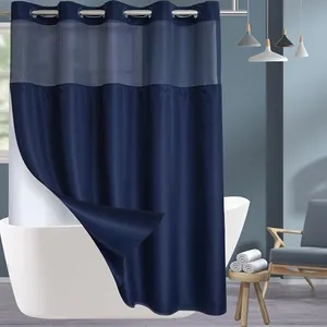 Extra Long No Hook Shower Curtain with Snap in Liner Set, Hotel Luxury Dark Blue Fabric Shower Curtains for Bathroom with See Through Top Window, Washable, Waterproof 71W x 84H