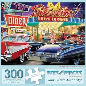 Bits and Pieces - 300 Piece Jigsaw Puzzle for Adults - 18" x 24" - 50s Starlite Diner - 300 pc Large Piece Classic Cars Drive in Jigsaw by Larry Jones