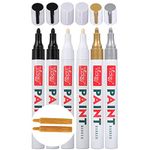 Paint Pens for Rock Painting, Stone, Ceramic, Metal, Glass, Wood, Fabric, Canvas, 6 Pack Permanent Oil Based Paint Markers, Medium Tip, 2 Extra Chisel Tips, High Volume Ink, 2X Lifespan (Black White Gold Silver)