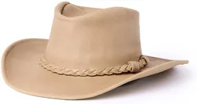 Minnetonka Outback Hat - Flat Brimmed Cowboy Hat for Men and Women Made with Distressed Ruff Leather, Hidden Steel Wire in Brim, and Subtle Leather-Braided Accent, Large-Tan