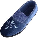 ABSOLUTE FOOTWEAR Womens Slip On Velour EE Fit Slippers with Elasticated Front and Contrasting Flower Design - Blueberry - UK 7 / EU 40