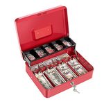 Cash Box with Money Tray and Key Lock Large Metal Money Safe Box with Cantilever Coin Tray, Lock Box for Money 11.8" x 9.4" x 3.54" Red