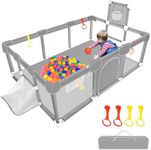 Large Baby Ball Pit Sturdy Play Pen/ Yard W/Basketball Hoop for Babies and Toddlers Children's Fence Play Area, Indoor Outdoor Kids Activity Center, Infant Safety Gates (Grey)