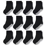 CozyWay Non-Slip Crew Grip Kids Socks, 12 Pack for Boys & Girls, Black, 5-7 Years Old