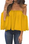 Bluetime Women Summer Off Shoulder Chiffon Blouses Ruffles Short Sleeves Sexy Tops Casual T Shirts - Yellow - Large