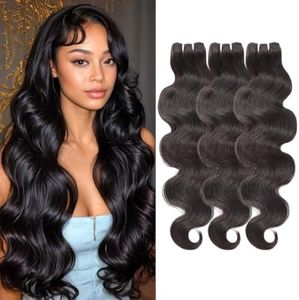Wequeen 16A Body Wave Human Hair Bundles 22 24 26 Inch 100% Unprocessed Brazilian Virgin Hair Quick Weave Bundles Human Hair Extensions Real Human Hair, Natural Black