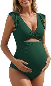 Charmo Ribbed Maternity Swimsuit One Piece V Neck Ruffle Pregnancy Swimwear High Wasit Ruched Swim Suit Dark Green M