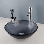 KECTIAKL 16 Inch Bathroom Sink with Mixer Tap, Grey Glass Vessel Sink, Above Counter Round Sink Bowl with Solid Brass Faucet and Pop-up Drain Combo