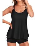 Yonique Womens Two Piece Swimsuits Tankini Top with Boy Shorts Tummy Control Bathing Suits Athletic Swimwear, Black, Large