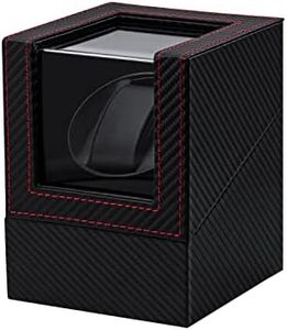 Mcbazel Scatola Carica Orologio Automatici, Single Watch Winder Box Pelle Sintetica Carbon Fiber Pattern Watch Case with EU Plug - Black/Red