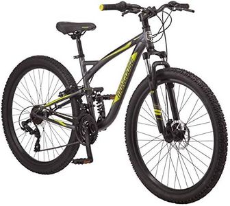 Mongoose Status 2.4 Men and Women Mountain, 27.5-Inch Wheels, 21-Speed Shifters, Aluminum Frame, Dual Suspension, Dark Silver