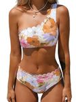 CUPSHE Women's Bikini Sets Two Piece Bathing Suit One Shoulder Mid Rise Scalloped Wide Strap Back Hook, White/Pink Floral, Medium