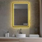 VENETIAN IMAGE Rectangle Metal Frame Lighted LED Mirror with Defogger, Dimmer & Adjustable 3 Color Temperature (Brush Gold, 36"x24" Inch)