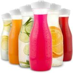 Plastic Juice Carafe with Lids (Set of 6) 32 oz Carafes for Mimosa Bar, Drink Pitcher with Lid, Water Bottle, Milk Container, Clear Beverage Containers for Fridge, Pantry Storage, Round Pitchers