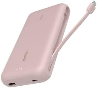 Belkin Portable Charger, Power Bank with Integrated Cable 20K PD 30W - Fast Charging USB-C Power Delivery, Portable Charger for iPhone 16 Series, iPad Pro, Galaxy S25 Series, and More - Pink