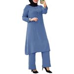 IDOPIP Women's Muslim Abaya Dress 2 Pieces Set Long Sleeve Button Down Shirt and Long Pants Islamic Dubai Robe Outfit Plus Size Arabic Ramadan Casual Prayer Kaftan Dress Clothes Blue L