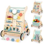LOL-FUN Wooden Baby Walker 6-12 Months, Push Walker With Double-Sided Activity Board, Sensory Learning Toy, First Birthday Gift For Boys Girls