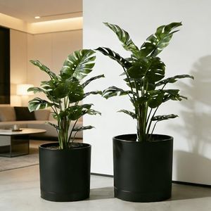 GreenShip Planter Set of 2 (15.7"& 13.7") – – Cylinder Planters with Drainage Hole and Planter Saucer, Jun Porcelain Clay & Recycled Resin, Decorate Home,Office & Outdoor, Black pots