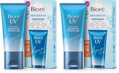 Biore SPF 50, Aqua Rich UV Watery Essence, Invisible High Protection, Hydrates With Hyaluronic Acid, No White Cast, Non Oily Sun Cream, Japanese Sunscreen, 50ml (Pack of 2)