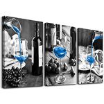 Canvas Wall Art For Bedroom Wall Decor For Living Room Black And White Wine Glasses Paintings Modern Blue Wine Canvas Art Bathroom Prints Ready To Hang Pictures For Home Decorations 12"X16" 3 Pieces