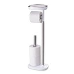 Joseph Joseph Bathroom EasyStore Free Standing Toilet Paper Roll Holder with small storage shelf, Stainless Steel, 24 , White / Steel