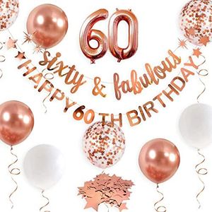 Rose Gold Sixty & Fabulous Happy 60th Birthday Banner Garland Foil Balloon 60 for Womens 60th Birthday Decorations Hanging 60 and Fabulous Cheers to 60 Years Old Birthday Party Supplies Backdrop