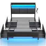 Rolanstar Bed Frame Twin Size with Charging Station and LED Lights, Upholstered Storage Headboard with Drawers, Heavy Duty Metal Slats, No Box Spring Needed, Noise Free, Easy Assembly, Dark Grey