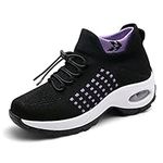 Padgene Women Walking Shoes Orthopedic Sock Sneakers Slip-On Breathable Mesh Trainers Women's Nursing Work Comfortable Casual Ladies Air Cushion Athletic Shoes Running Jogging Shoes, Bk Purple, 9.5